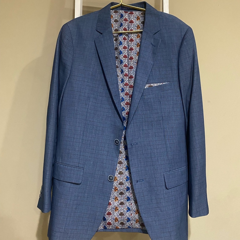 Alan Flusser Textured Blue Blazer with Floral Lining W/matching Pocket Square - Picture 1 of 5